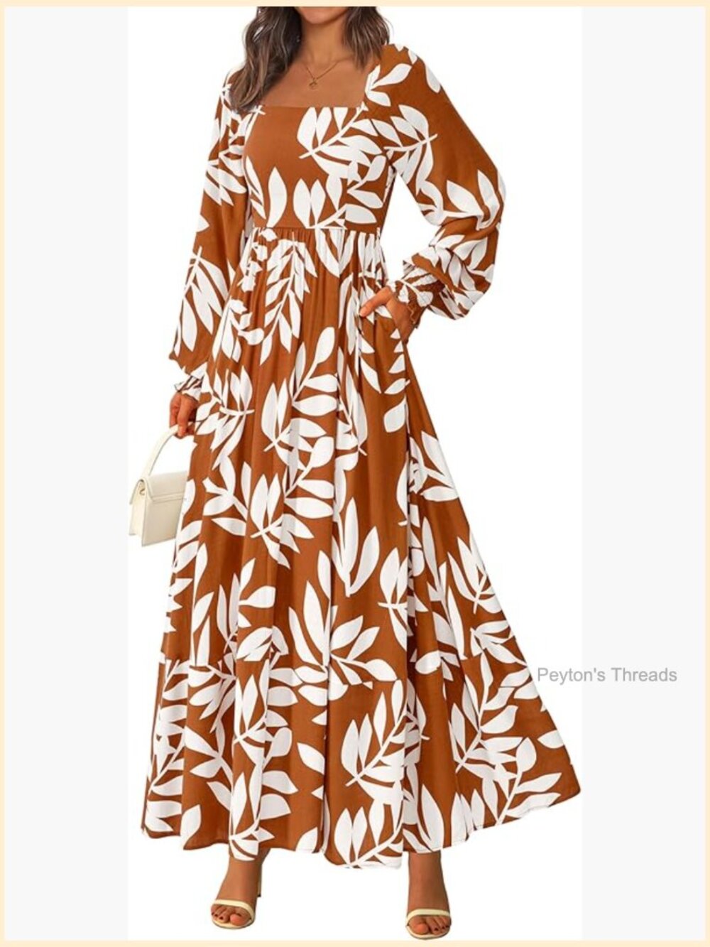 Square Neck Puff Sleeve Boho Maxi Dress with Pockets - Picture 1 of 7